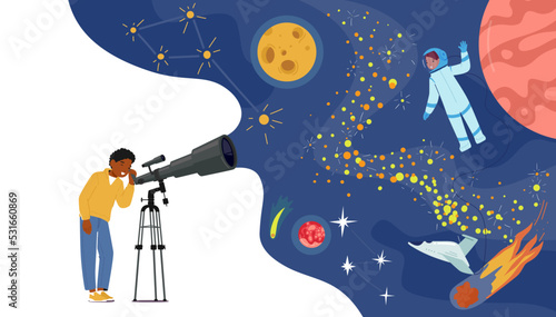 Little Curious Boy Look In Telescope, Child Studying Astronomy Watching on Moon, Stars Planets in Sky With Milky Way