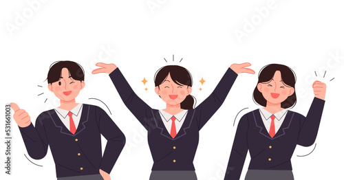 High school students in school uniforms posing cheering. SAT, high school concept person vector illustration.
