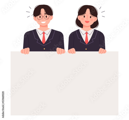 High school student in school uniform holding a large blank paper for text. SAT, high school concept person vector illustration.