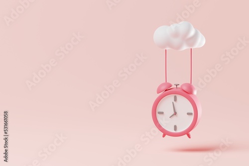 Minimal alarm clock hanging from cloud on pink background. Time management is important concept. 3d rendering