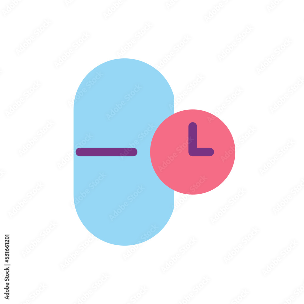 Taking medicine on time flat color ui icon. Regular treatment. Capsule dosage form. Healthcare. Simple filled element for mobile app. Colorful solid pictogram. Vector isolated RGB illustration Taking medicine on time flat color ui icon. Regular treatment. Capsule dosage form. Healthcare. Simple filled element for mobile app. Colorful solid pictogram. Vector isolated RGB illustration