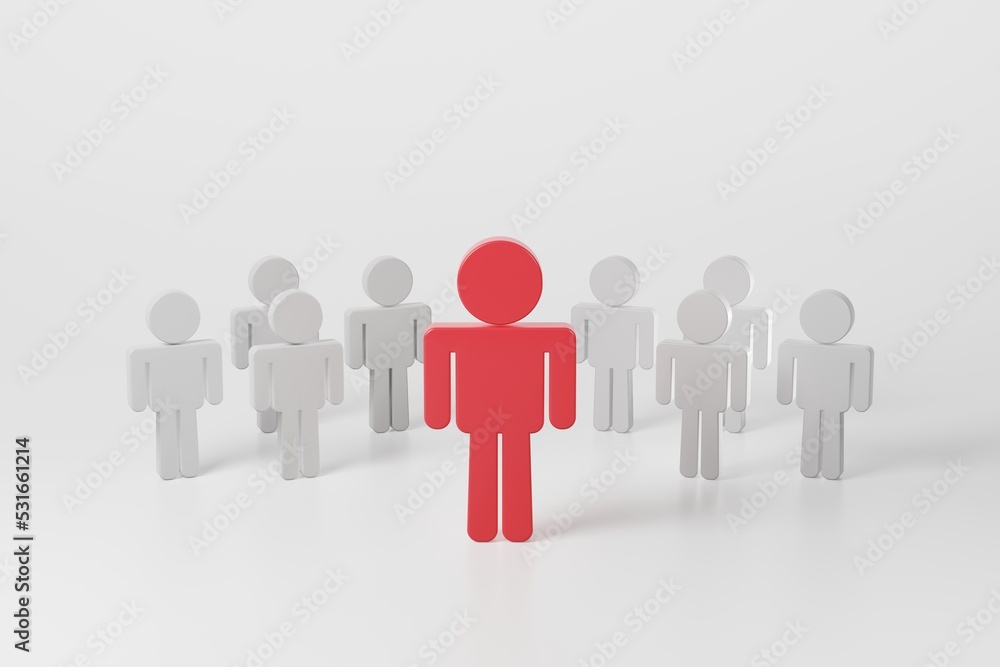 Illustration of red person different standing out in a crowd white people on white background. Red human model with the others in a row of leadership businessman, human resource concept. 3d rendering Illustration of red person different standing out in a crowd white people on white background. Red human model with the others in a row of leadership businessman, human resource concept. 3d rendering