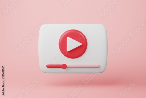Minimal red video multimedia play button icon on pink background. Audio, movie, media player interface start symbol, sign round circle shape. Digital streaming technology design concept. 3d rendering