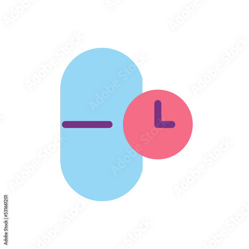 Taking medicine on time flat color ui icon. Regular treatment. Capsule dosage form. Healthcare. Simple filled element for mobile app. Colorful solid pictogram. Vector isolated RGB illustration