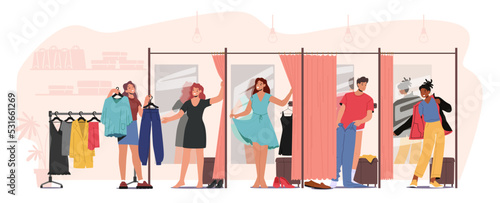 Young People in Fitting Room, Men and Women Trying on Closes in Changeroom at Store, Sales Assistant Help to Customers