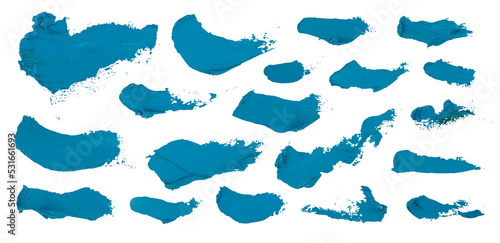 Oil art brush painted textured stripes set isolated on white background, Set of high detail palette knife masks blue strokes