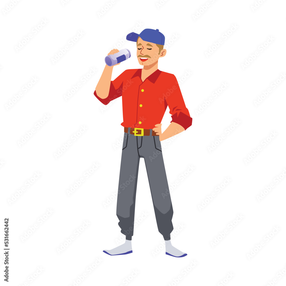 Happy man drinking beer from can, flat vector illustration isolated on white background. Happy man drinking beer from can, flat vector illustration isolated on white background.