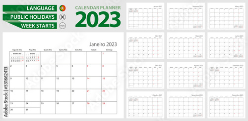 Portuguese calendar planner for 2023. Portuguese language, week starts from Monday.