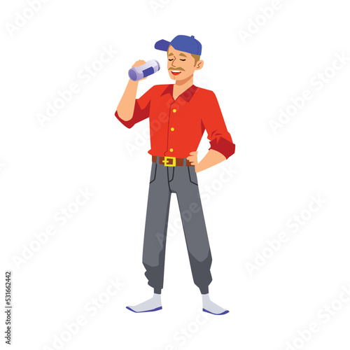 Happy man drinking beer from can, flat vector illustration isolated on white background.