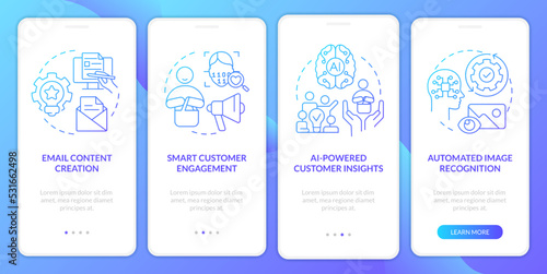 AI technology in marketing blue gradient onboarding mobile app screen. Progress walkthrough 4 steps graphic instructions with linear concepts. UI, UX, GUI template. Myriad Pro-Bold, Regular fonts used © bsd studio