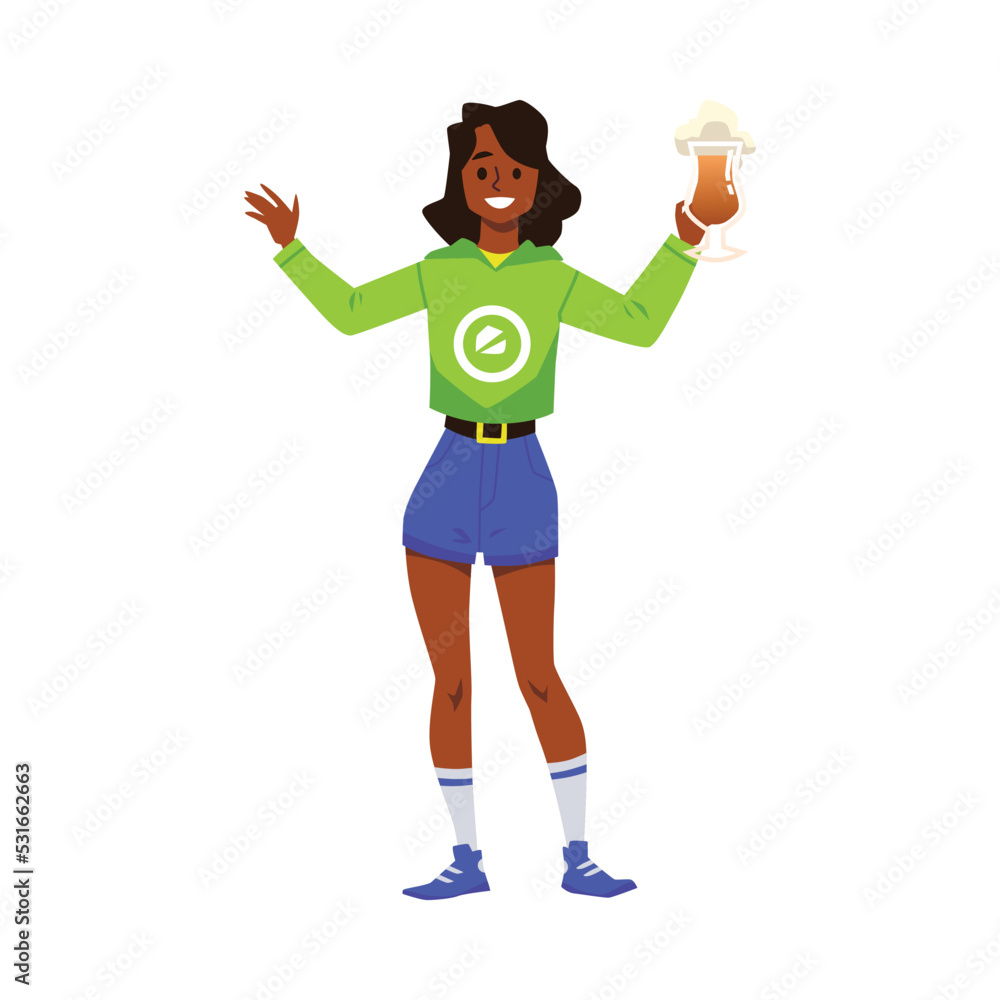 Happy young woman with glass of beer with foam, flat vector illustration isolated on white background.