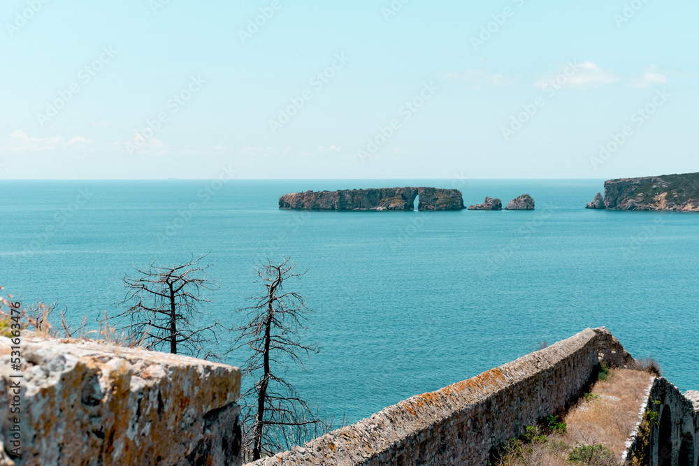 amazing seascape view from rocky coast old fortress stone walls