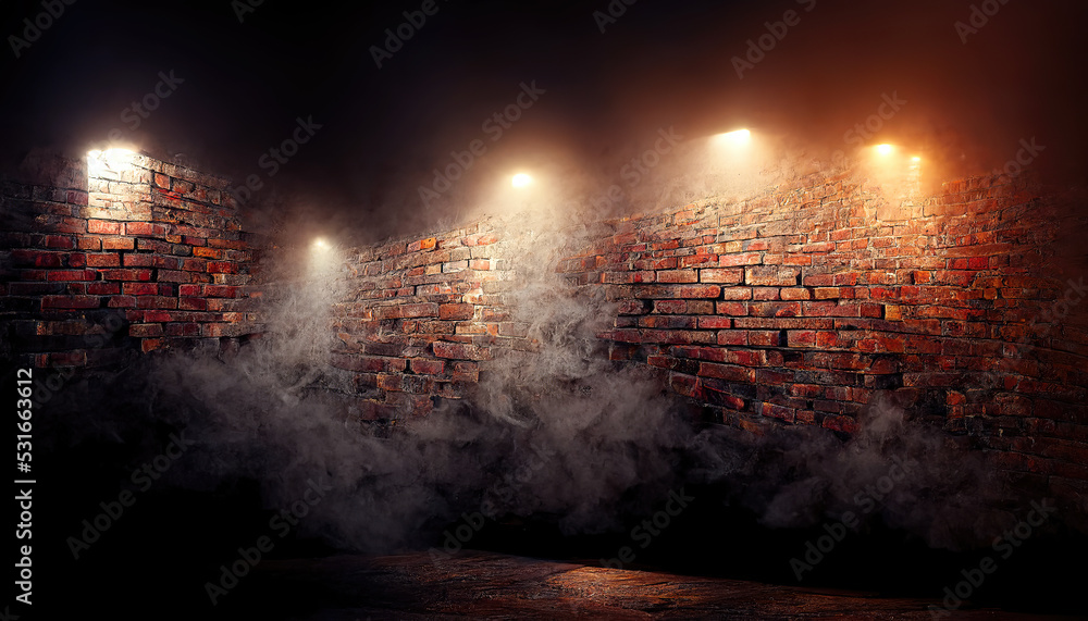 Dark corner of old brick wall with glowing neon lights as illustration