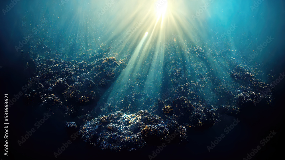 Sun light shining at deep under water abyss in ocean