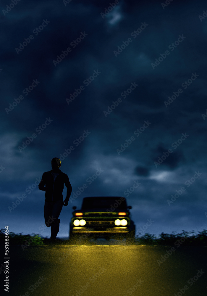 Man runs away from a vintage pickup truck with illuminated headlights on a country road under a dark sky. 3D render. - obrazy, fototapety, plakaty 