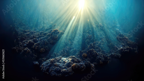 Canvastavla Sun light shining at deep under water abyss in ocean