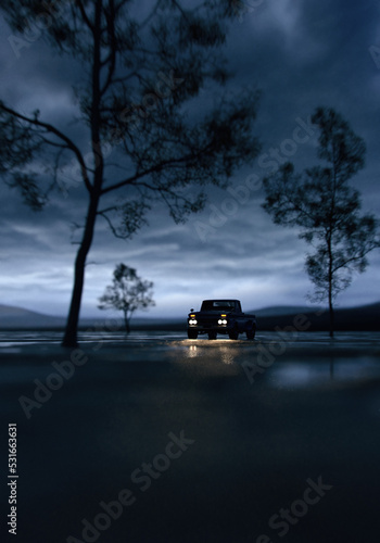 Vintage pickup truck with illuminated headlights in vast landscape with puddles and trees under a dark sky. 3D render.