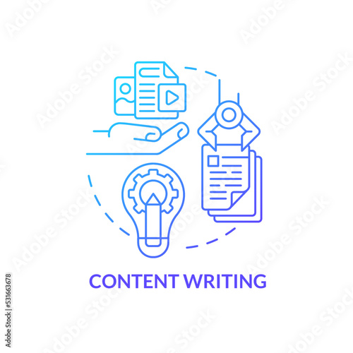 Content writing blue gradient concept icon. Natural language processing. AI algorithm in marketing abstract idea thin line illustration. Isolated outline drawing. Myriad Pro-Bold font used