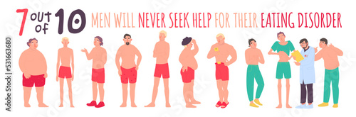 Eating disorders in men and boys. Editable vector illustration.