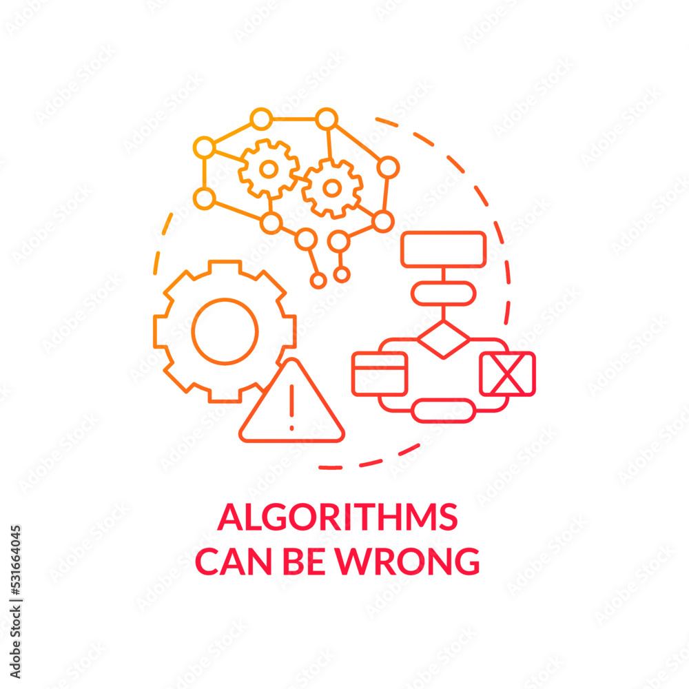 Algorithms can be wrong red gradient concept icon. Mistakes in work. Drawback of AI marketing abstract idea thin line illustration. Isolated outline drawing. Myriad Pro-Bold font used Algorithms can be wrong red gradient concept icon. Mistakes in work. Drawback of AI marketing abstract idea thin line illustration. Isolated outline drawing. Myriad Pro-Bold font used