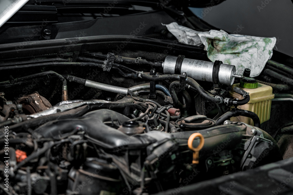 View of engine and other parts under the open hood of a car View of engine and other parts under the open hood of a car