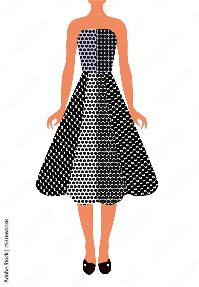Model girl in a dress made of fashionable fabric with polka dot print. Digital illustration. Advertising of fashionable clothes Model girl in a dress made of fashionable fabric with polka dot print. Digital illustration. Advertising of fashionable clothes