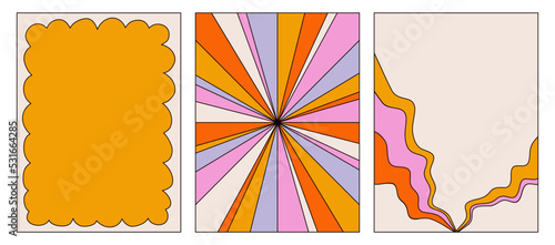 Set of colorful modern posters. Vector backgrounds in retro style. Distorted wavy shapes, background with space for text. Templates in the style of the 70s.Vector illustration for posters, invitations
