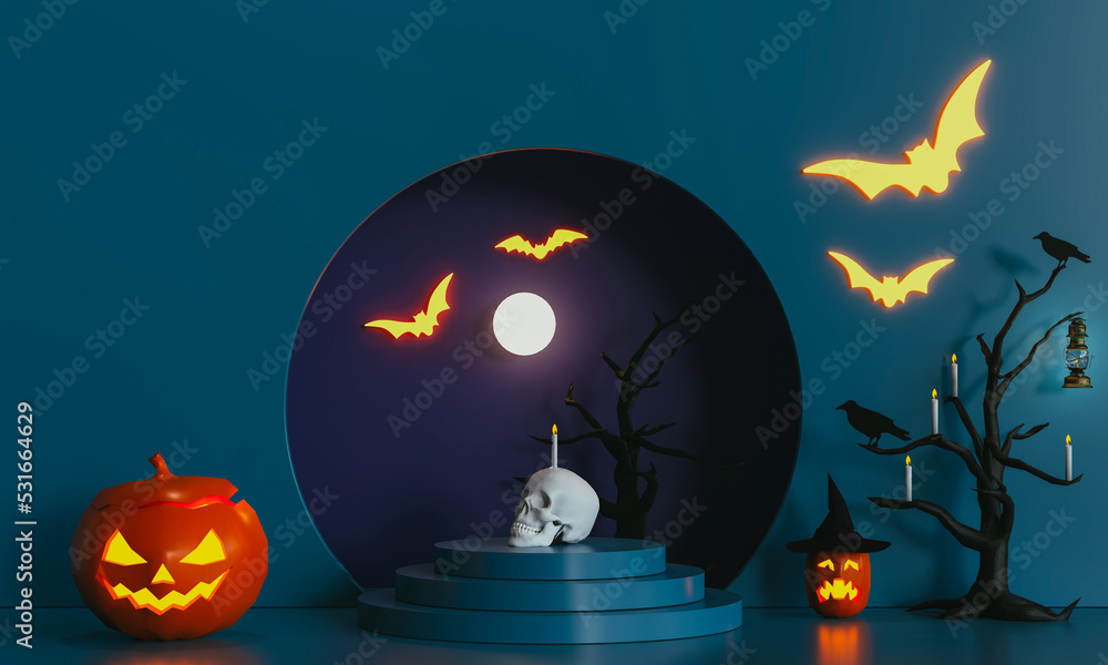 night halloween party with pumpkins crow and black tree. 3D render