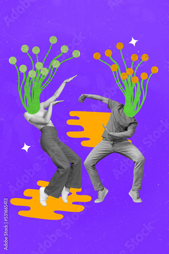 Collage photo of young couple workers retro celebrate party event dance discotheque positive headless flower absurd isolated on neon color background