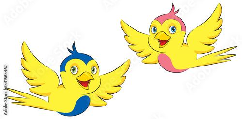 Cute yellow birds. Blue and Pink family.