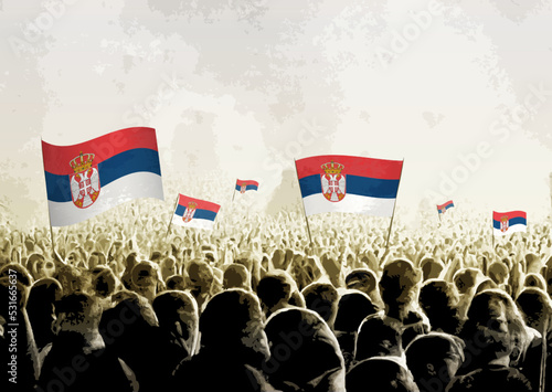 Crowd with the flags of Serbia, people cheering national team of Serbia. Ai generated illustration of crowd.