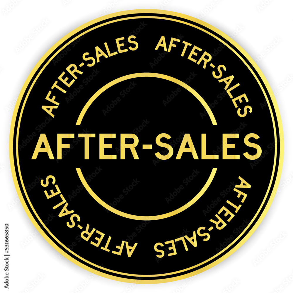 Black and gold color round label sticker with word after-sales on white background