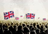 Crowd with the flags of United Kingdom, people cheering national team of United Kingdom. Ai generated illustration of crowd.