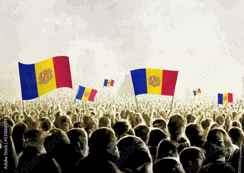 Crowd with the flags of Andorra, people cheering national team of Andorra. Ai generated illustration of crowd.