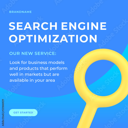 Search engine optimization SEO algorithm magnifying glass social media post realistic 3d icon vector