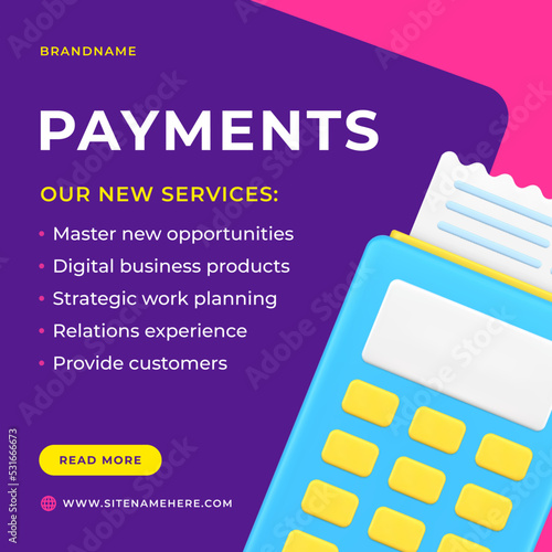 POS terminal digital payment machine paper receipt service social media post 3d icon vector