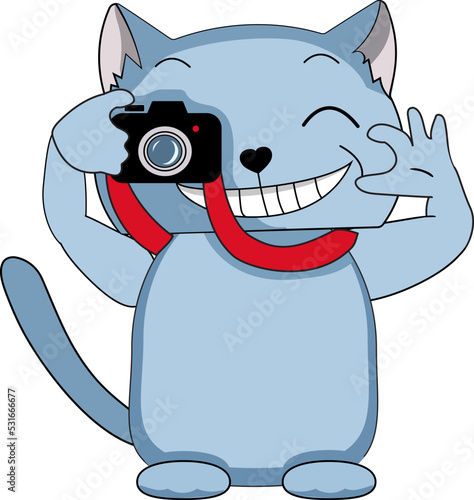 Smiling with a wide smile, the cartoon blue cat is a photographer, taking pictures.