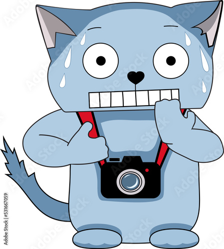 Funny cartoon cat photographer, with a scared face and in a cold sweat