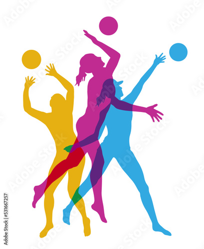 Volleyball sport graphic with players in action.