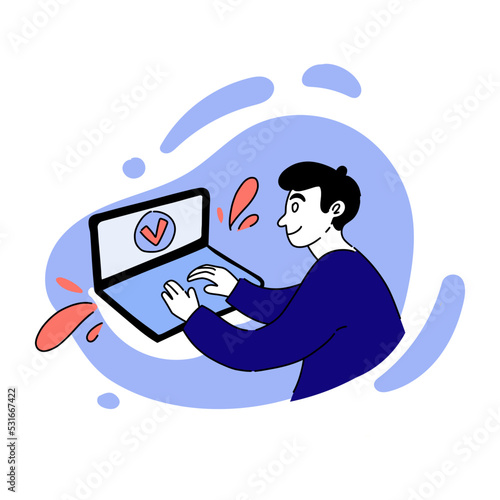 Vector drawn illustration of man working on laptop. Remote work, distance learning, student, businessman, checkmark, online, internet, test, conference. Business concept. Blue and pink pastel colors