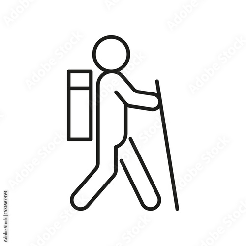 Person travel, hiker and tourist, line icon. Man walk with bag and stick. Vector outline sign