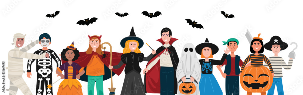 Halloween party background, Kids in Halloween costumes. Vector Halloween party background, Kids in Halloween costumes. Vector