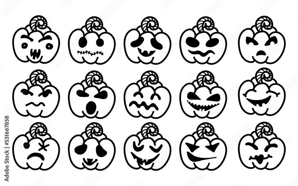 A set of hand-drawn Halloween pumpkin icons. Funny pumpkins isolated on a white background. Faces of monsters. Jack's head. Design elements for logo, badges, banners, posters. Vector illustration.