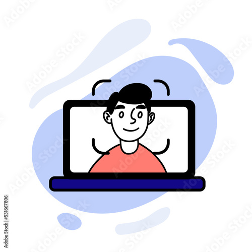 Vector drawn illustration of face recognition. Man in laptop, recognize, face id, unlock, security system, scan, scanning, scanner, biometrics. Biometry concept. Blue and pink pastel colors