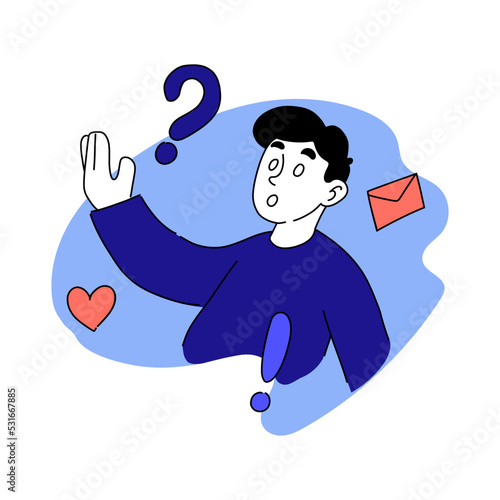 Vector illustration of question and answer. Man, letter, frequently asked questions, envelope, email, heart, FAQ, hotline, support service, chat. Communication concept. Blue and pink pastel colors