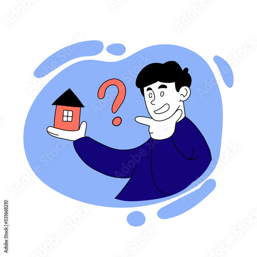 Vector illustration of man with a small house. Rental contract, rent, real estate, buy property, purchase, accomodation home, flat, apartment, question mark. Business concept. Blue, pink pastel colors