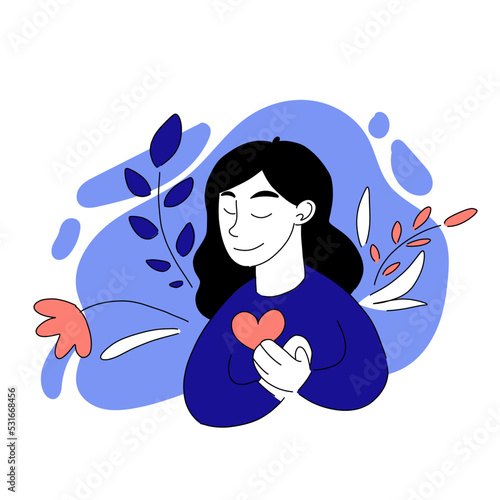 Vector illustration of grateful girl. Pray woman, prayer, heart, support, gratitude, meditation, meditate spiritual practice, mental health psychotherapy. Mindfulness concept. Blue, pink pastel colors