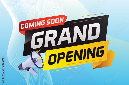 coming soon grand opening word concept vector illustration with megaphone and 3d, web, mobile app, poster, banner, flyer, background, gift card, coupon, label, wallpaper
