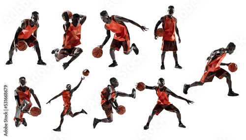 professional basketball player in sportswear with moving ball action low poly