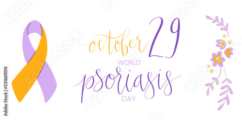 World Psoriasis Day October 29 handwritten lettering. Purple and orange support ribbon. Web banner vector template